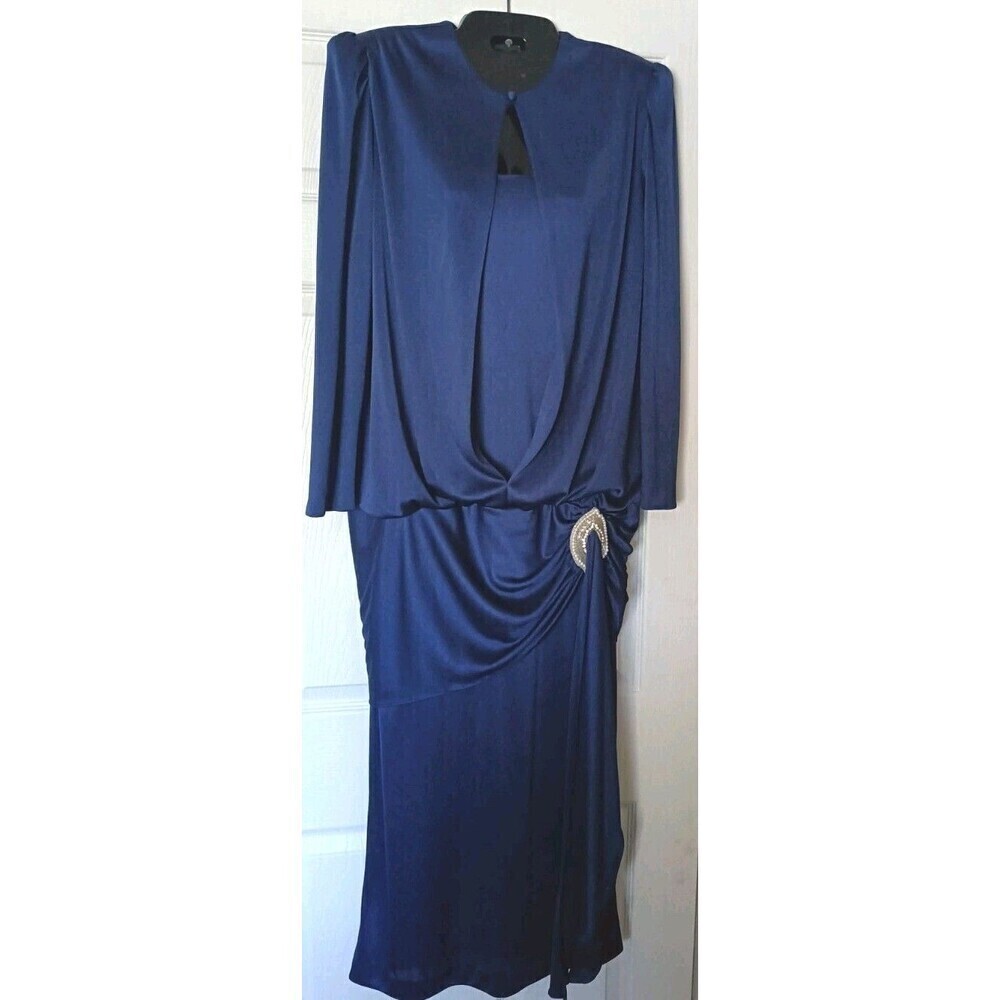 JOVANI Vintage Dress Size 10 Navy Blue Long Sleeve Pearl Accent Blanche Dynasty